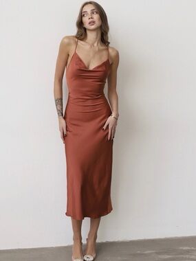 Satin Slip Midi Dress in Rust
